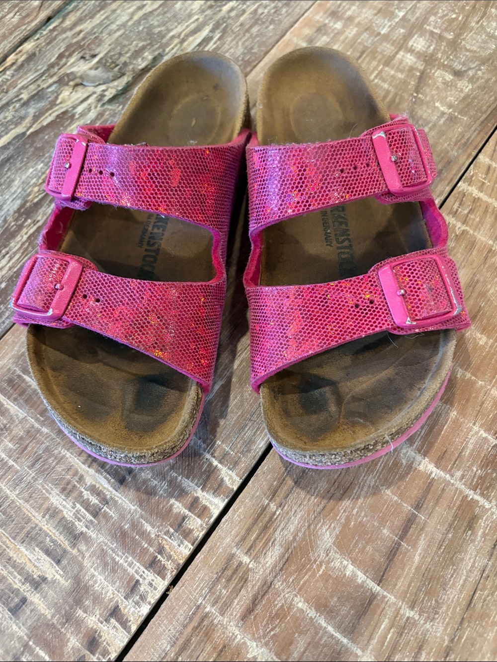 Birkenstock Arizona Kids Metallic Pink Shimmer Birko-Flor Sandals EU 32 2 Straps